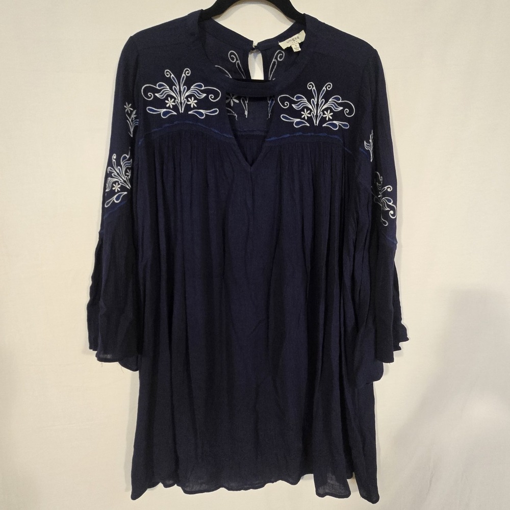 Umgee Mini Dress Womens Sz S Blue Embroidered Floral Ruffle 3/4 Sleeve
